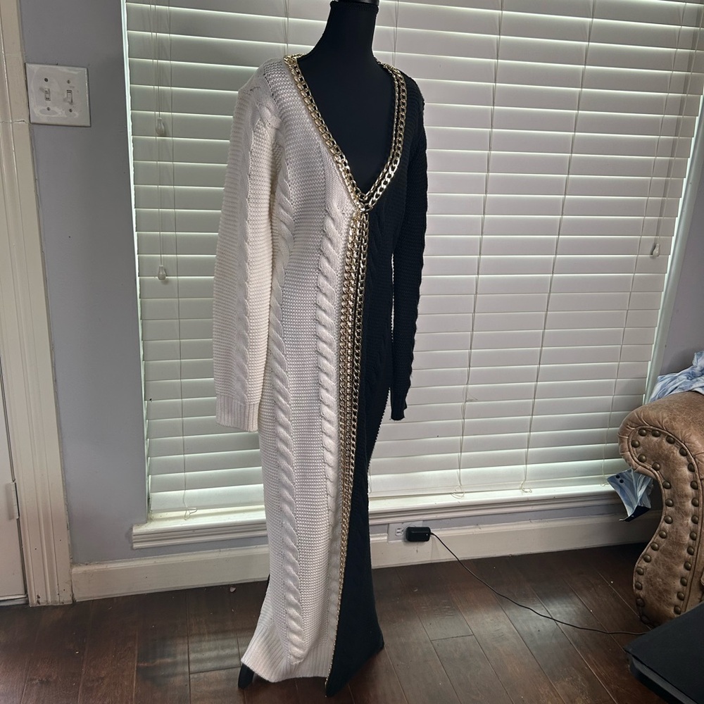 Black and White Long Cardigan Dress with Gold Chain Detail